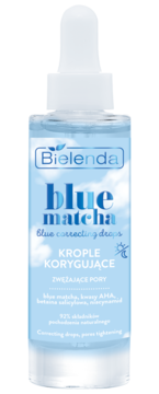 Bielenda Blue Matcha krople korygujące i zwężające pory, jasnoniebieska butelka z pipetą, widok z przodu.