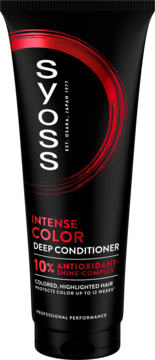 Syoss Intense Color Deep Conditioner, czarna tubka z czerwonym akcentem, widok z przodu, chroni kolor do 12 tygodni.