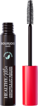 Wegańska maskara Bourjois Healthy Mix Clean w czarnej tubie z otwartą czerwoną nasadką i szczoteczką.
