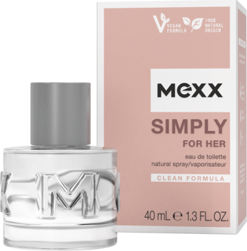 Butelka wody toaletowej Mexx Simply For Her, przezroczysta z logo, obok różowego pudełka "Clean Formula".
