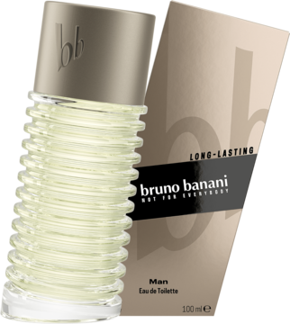 Woda toaletowa Bruno Banani Man 100ml. Jasna, żebrowana butelka z metalową nakrętką stoi przed beżowym pudełkiem.