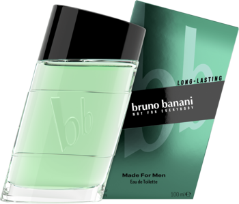 Zielona woda toaletowa Bruno Banani Made for Men w pochylonej butelce i ciemnozielonym pudełku.
