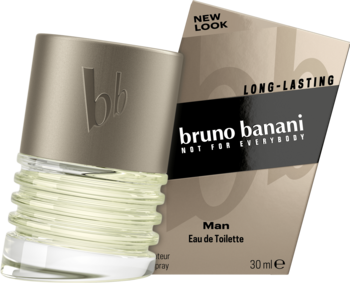 Bruno Banani Man woda toaletowa, butelka z żeberkami i złotą nakrętką, przed beżowym pudełkiem.