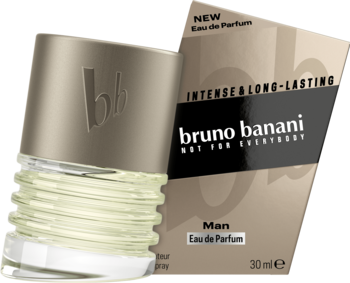 Bruno Banani Man woda perfumowana, przechylona butelka z fakturą i złotym korkiem obok brązowego pudełka.