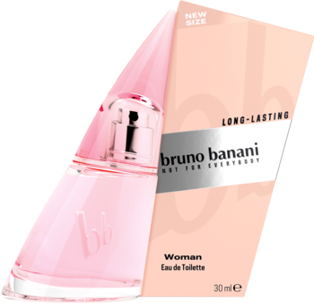 Różowa woda toaletowa Bruno Banani Woman 30ml w skośnej butelce, obok jasne pudełko, widok z przodu.