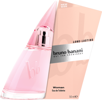 Różowa woda toaletowa Bruno Banani 50ml w skośnej butelce, obok brzoskwiniowe opakowanie. Zapach dla kobiet.