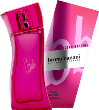 Woda toaletowa Bruno Banani Pure Woman w różowym asymetrycznym flakonie 30ml i pasujące opakowanie.