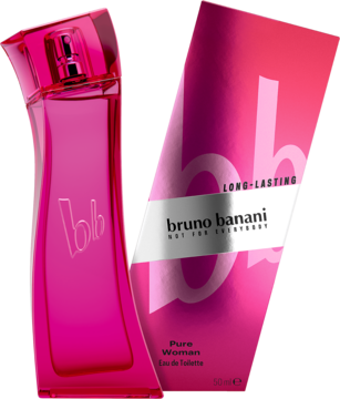 Woda toaletowa bruno banani Pure Woman 50ml: różowa butelka i pudełko z białym logo bb, widok pod kątem.