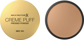 Max Factor Creme Puff Pressed Powder: złoty kompakt i otwarta puderniczka z beżowym, matującym pudrem.