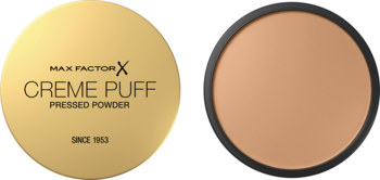 Max Factor Creme Puff 041 Medium Beige, puder prasowany, zamknięty złoty kompakt i otwarty puder.