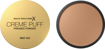 Max Factor Creme Puff puder prasowany 042 Deep Beige: zamknięte złote opakowanie i otwarty brązowy puder.