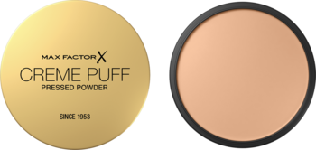 Max Factor Creme Puff, złoty puder prasowany matujący, opakowanie zamknięte i otwarte z beżowym pudrem.