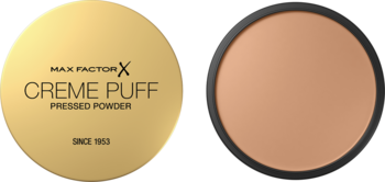 Max Factor Creme Puff 040 Creamy Ivory, złoty puder prasowany, zamknięty i otwarty kompakt.