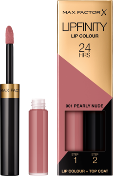 Max Factor Lipfinity Lip Colour 001 Pearly Nude zestaw: błyszczyk, baza i pudełko. Widok z przodu.
