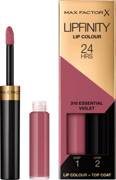 Max Factor Lipfinity 24HR Lip Colour 310 Essential Violet. Otwarty aplikator, fiolka z bazą i pudełko.