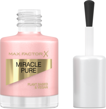 Max Factor Miracle Pure wegański lakier do paznokci w jasnoróżowym odcieniu z połyskiem, butelka obok pędzelka.