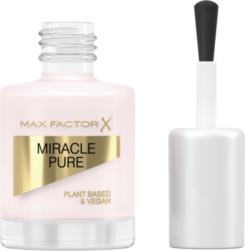 Max Factor Miracle Pure, wegański lakier do paznokci, w jasnoróżowej butelce z odkręconym pędzelkiem.