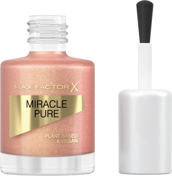 Lakier Max Factor Miracle Pure, szampańsko-różowy, wegański, w szklanej butelce z odkręconym pędzelkiem.