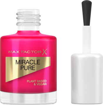 Różowy lakier Max Factor Miracle Pure Nail, otwarty, z pędzelkiem, wegańska formuła i złota etykieta widoczne.