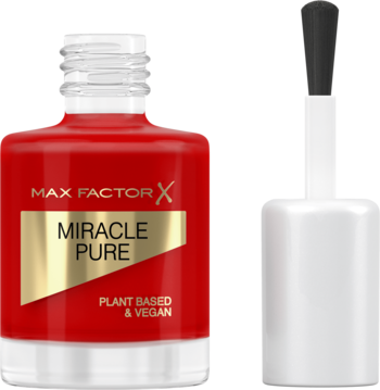 Otwarty czerwony lakier Max Factor Miracle Pure, butelka i pędzelek obok, widoczny napis Plant Based & Vegan.