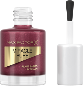 Max Factor Miracle Pure wegański lakier do paznokci, brokatowy burgund, ultralśniący. Otwarta butelka z pędzelkiem.