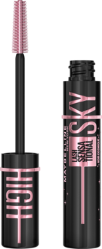 Maybelline Lash Sensational Sky High, wydłużający tusz w czarnej tubce z różową szczoteczką obok opakowania.