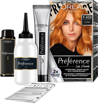 Zestaw do koloryzacji włosów L'Oréal Préférence miedziany 7.432, z butelkami, tubką i ulotką, na białym tle.