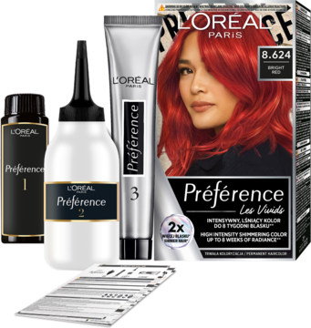 Zestaw do koloryzacji L'Oréal Paris Préférence Vivid Colors 8.624 Bright Red, z butelkami, tubką i pudełkiem.