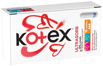 Białe opakowanie tamponów Kotex ULTRASORB z dużym czerwonym logo i sercami, widok na przód produktu.