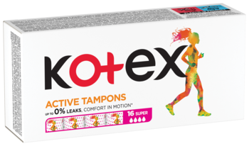 Białe pudełko tamponów Kotex Active Super, 16 sztuk, z kolorową sylwetką biegaczki, widok pod kątem.