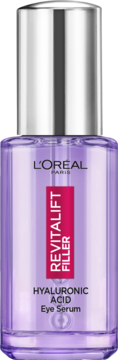 L'Oréal Revitalift Filler Hyaluronic Acid Eye Serum w fioletowej butelce z srebrnym aplikatorem, widok z przodu.