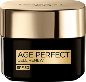 Rewitalizujący krem L’Oréal Paris Age Perfect Cell Renew SPF30 w czarnym słoiczku ze złotą nakrętką, widok z przodu.