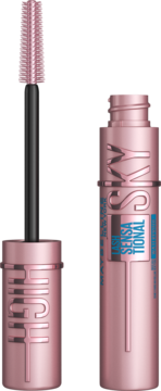 Maybelline Lash Sensational Sky High tusz do rzęs w różowej, metalicznej butelce, z wyciągniętym aplikatorem.