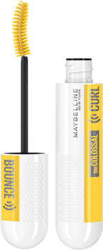 Otwarta mascara Maybelline The Colossal Curl Bounce w białej tubie, z żółtymi etykietami i podkręconą szczoteczką.