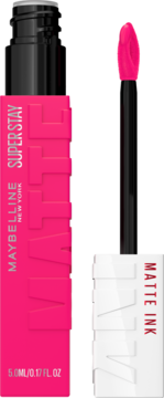 Maybelline Super Stay Matte Ink, intensywnie różowa matowa szminka w tubce z widocznym precyzyjnym aplikatorem.