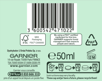 Tył zielonego opakowania Garnier 50ml z kodem kreskowym, ikonami recyklingu i informacjami o żelowym kremie nawilżającym.