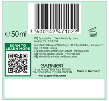 Tył zielonego opakowania Garnier Vitamin C Glow Jelly 50ml, kod kreskowy, QR kod, napisy producenta.