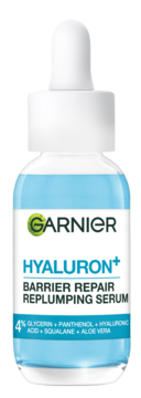 Garnier Hyaluron+ serum Barrier Repair Replumping w szklanej butelce z białym kroplomierzem, niebieski płyn, przód.