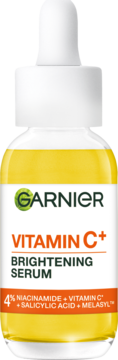 Garnier Vitamin C+ Serum rozświetlające, żółta butelka z białą pipetą, z 4% Niacinamide, widok z przodu.