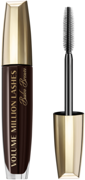 Ciemnobrązowy tusz Volume Million Lashes Balm Brown ze złotą zakrętką, obok czarna szczoteczka silikonowa.