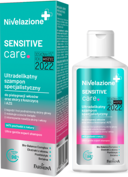 Nivelazione Sensitive Care ultradelikatny szampon, biała butelka i pudełko z zielono-różowym logo.