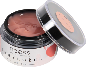 Przezroczysty, otwarty słoik akrylożelu Neess Cover Pink do paznokci, z różowym żelem i uchyloną pokrywką.