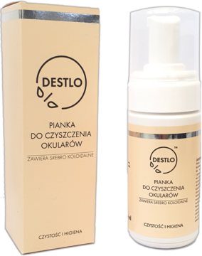 Pianka Destlo do czyszczenia okularów ze srebrem koloidalnym, beżowe pudełko i biała butelka 100ml, z przodu.