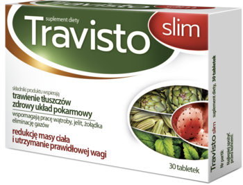 Travisto Slim suplement diety, biało-zielone pudełko, widok z przodu, z obrazkami ziół, wspiera trawienie i wagę.