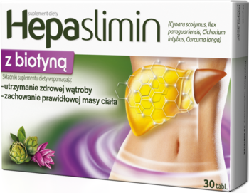 Zielono-fioletowe pudełko Hepaslimin z biotyną (30 tabl.) z grafiką wątroby, wspiera wątrobę i utrzymanie prawidłowej masy ciała.