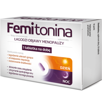 Białe pudełko suplementu Femitonina, łagodzącego objawy menopauzy, z fioletowo-pomarańczowym nadrukiem, widok z przodu.