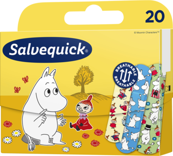 Plastry Salvequick Moomin, żółte opakowanie, 20 sztuk. Oddychające, wodoodporne, hipoalergiczne dla dzieci.