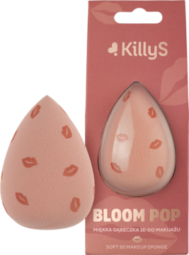 Różowa gąbeczka KillyS Bloom Pop do makijażu z motywem ust, luzem i w różowym opakowaniu.