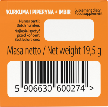Pomarańczowe opakowanie suplementu Kurkuma i Imbir, widok z tyłu z kodem kreskowym i masą netto 19,5 g.