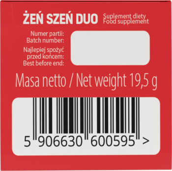 Czerwone opakowanie ŻEŃ SZEŃ DUO, suplement diety, z kodem kreskowym i masą netto 19,5g, widok z bliska.